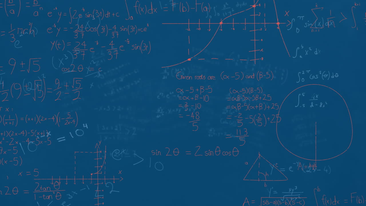 Animation of mathematical equations and diagrams floating against blue background