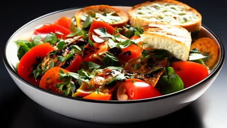 fresh salad with grilled vegetables and bread on a dark table
