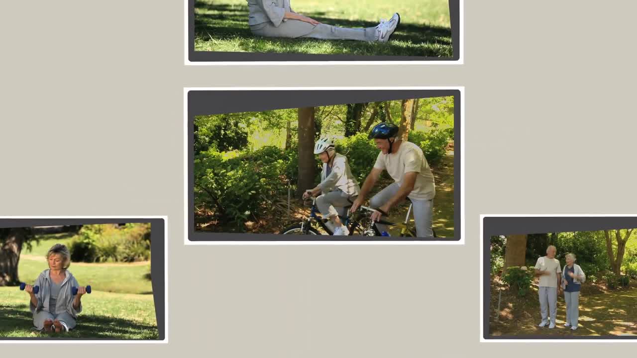 montaje de parejas maduras relajándose y haciendo ejercicio