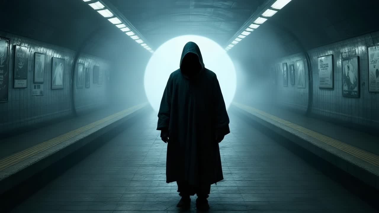 Mysterious figure in hooded cloak stands in foggy tunnel with glowing light ahead
