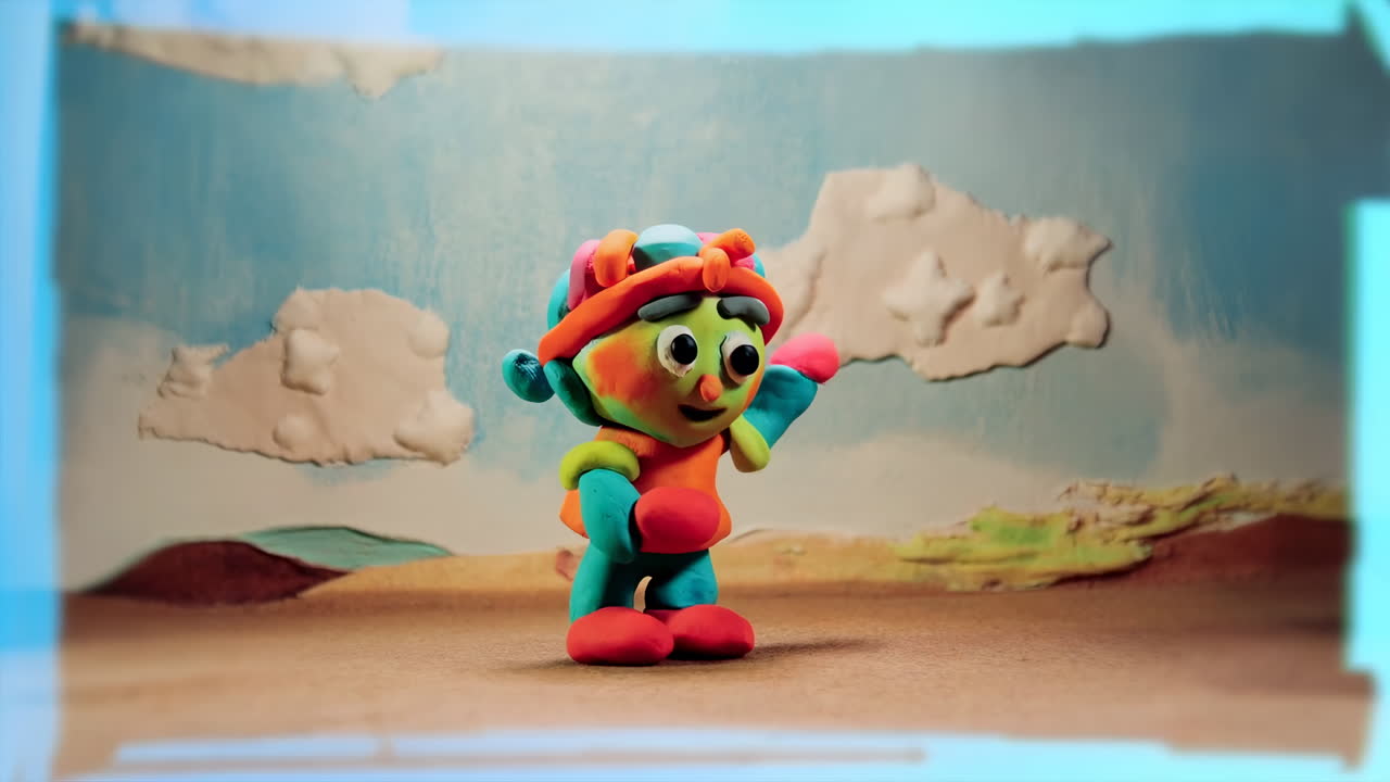 Personaggio in Claymation colorato che cammina e indica in un paesaggio fantastico.