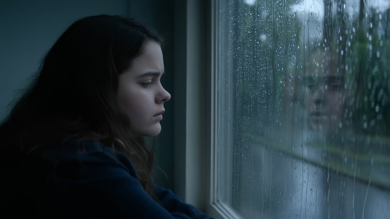 Adolescente pensativo mirando por una ventana empañada por la lluvia