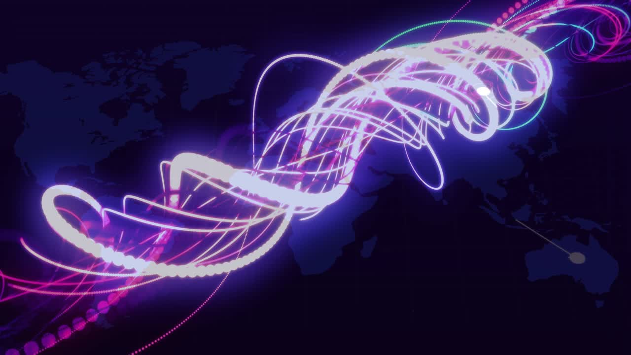 Digital map with markers appearing then shifting as neon ribbons weaving to visualize connectivity