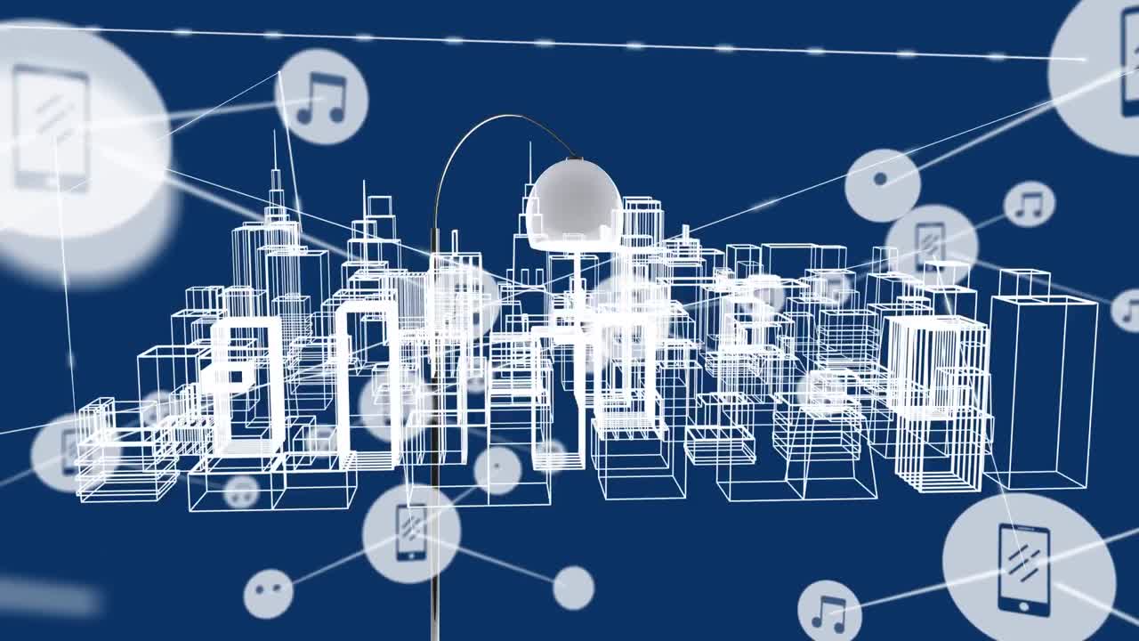 animación de lámpara digital en medio de edificios giratorios con iconos de teléfono y música que se conectan con líneas
