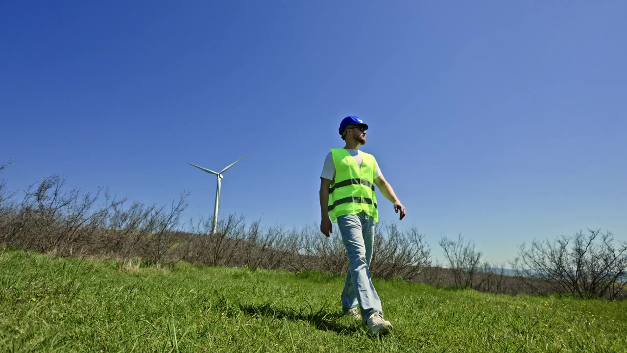 Ingeniero de aerogeneradores trabajando en el lugar durante un día soleado en un campo abierto con aerogeneradores de fondo.