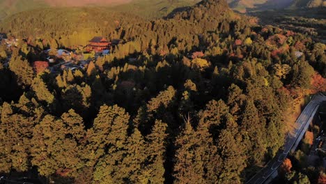 Un-Dron-Aéreo-Lento-Se-Inclina-Sobre-El-Bosque-En-El-área-De-Nikko-Junto-Al-Santuario-De-Toshogu