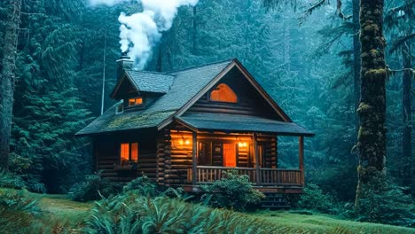 a small cabin in the middle of a forest at night