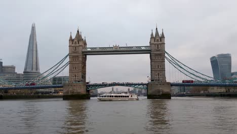 London-Tower-Bridge,-the-Shard-and-the-Gherkin-taken-from-the-river-Thames