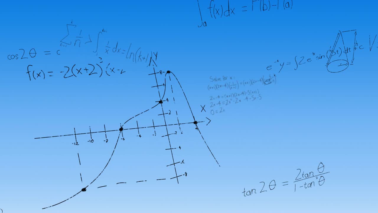 수학 방정식과 다이어그램의 애니메이션이 파란색 그라디엔트 배경에 떠다니고 있습니다.