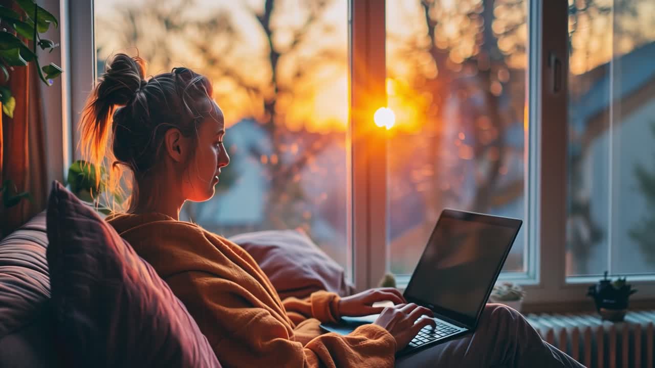 Woman working on laptop at home during sunset