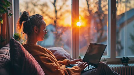 woman working on laptop at home during sunset