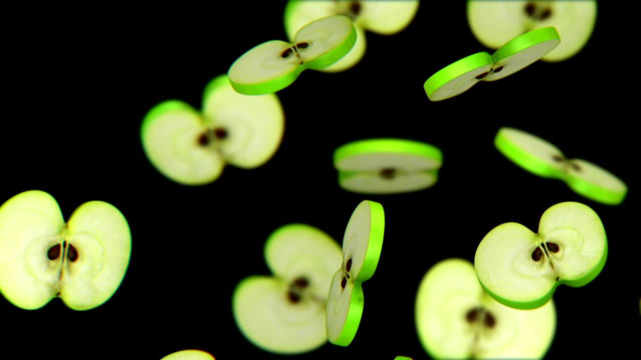 trozos cortados de manzana verde que caen sobre un fondo negro, bucle sin costuras, cg