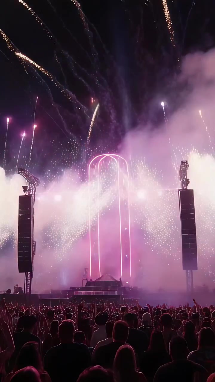 Video verticale: Arco del palco pulsante con effetti pirotecnici a un festival notturno, la folla filma con i telefoni per il culmine.
