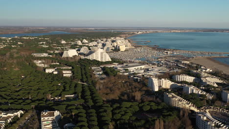 la grande-motte by drone mediterranean seaside french resort and marina. sunset