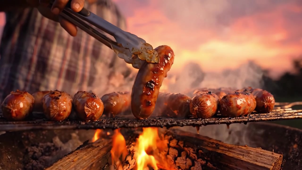 Cautivadora cocina al aire libre: Salchichas chispeantes asándose a la parrilla sobre una llama abierta al anochecer con un hermoso telón de fondo de puesta de sol, creando una atmósfera acogedora y cálida.