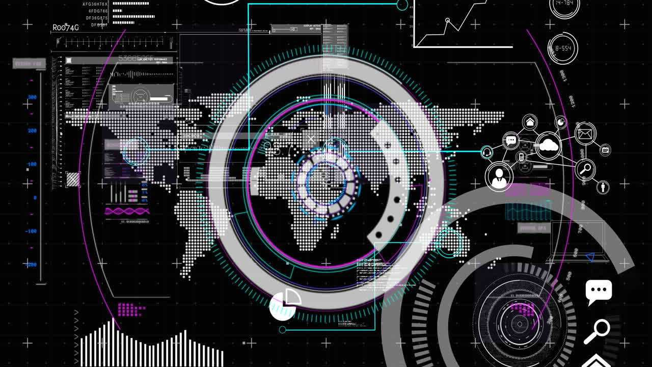 Animation of scopes scanning and data processing over world map on digital screen
