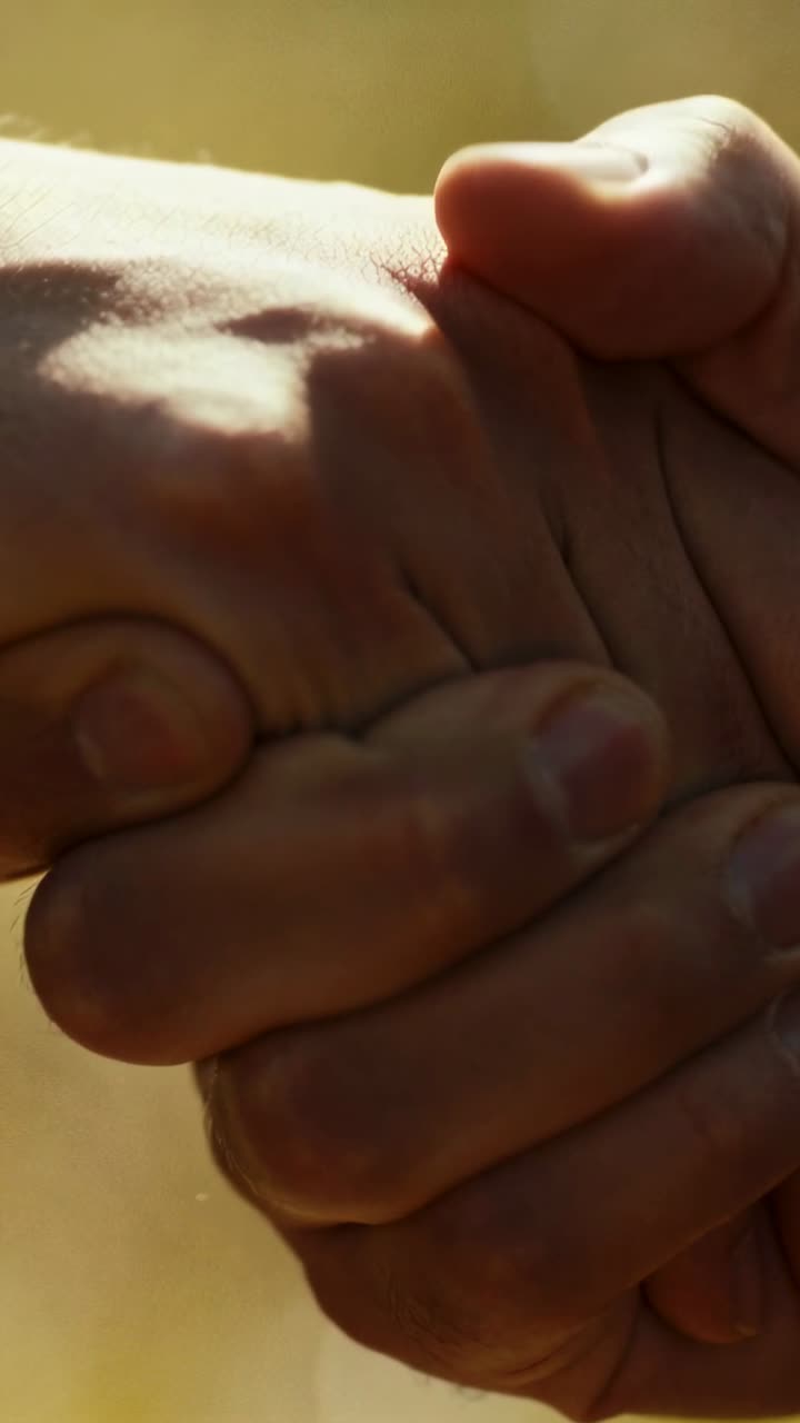 Vertical video: Hands joining, locking fingers and pressing thumbs in warm field light for support