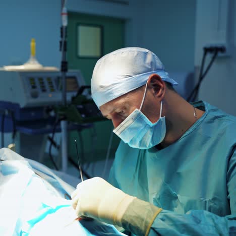 professional doctor doing blepharoplasty in clinic. facial plastic surgery. male surgeon performing cosmetic procedure on female's face in hospital.
