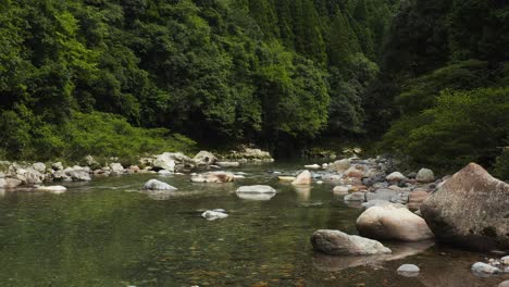 Empuje-Hacia-Adelante-Sobre-Un-Tranquilo-Arroyo-De-Montaña,-Desierto-De-Gifu,-Japón