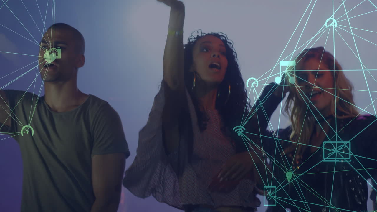 Dancing people with network of connections and data processing animation over them