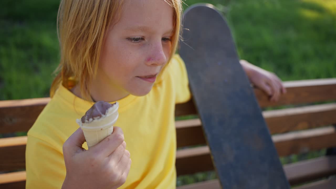 Child Eating Ice Cream on a Bench with a Skateboard
