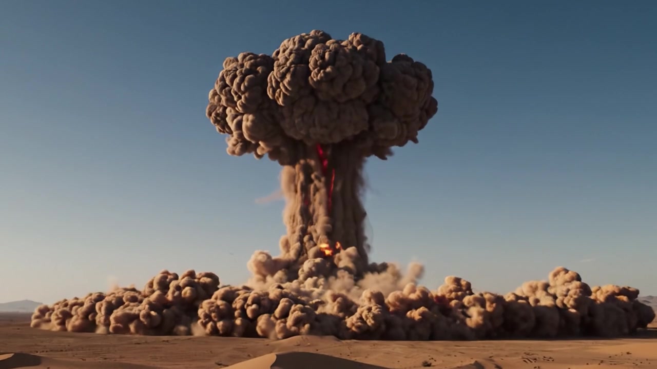 Dramatic Explosions in a Desert Landscape: A Powerful Display of Fire and Smoke Unleashing from Ground Zero Captured in Stunning Clarity