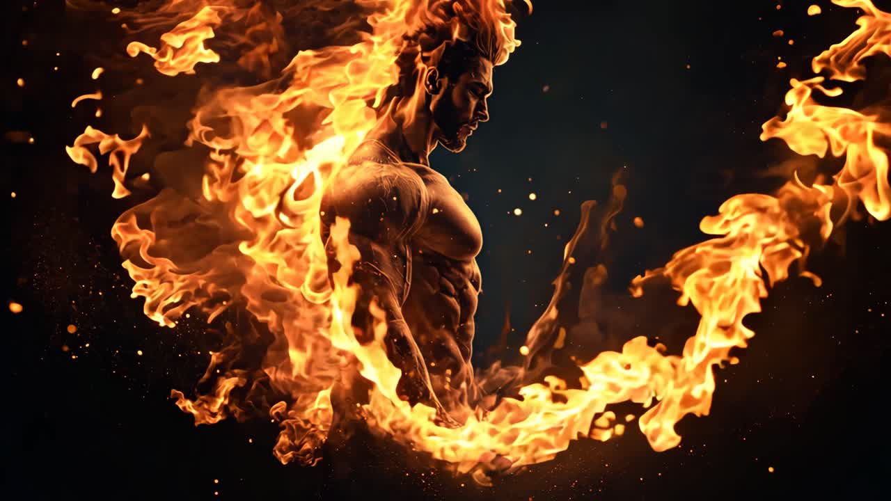 A man with a muscular body is standing in front of a fire. The fire is surrounded by a lot of sparks and the man is the center of attention. Concept of strength and power
