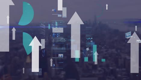 Animation-of-financial-data-processing-and-arrows-over-cityscape