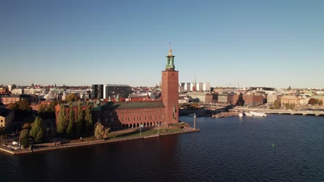 Stockholm's-iconic-City-Hall,-Nobel-Prize-ceremony-venue,-4K