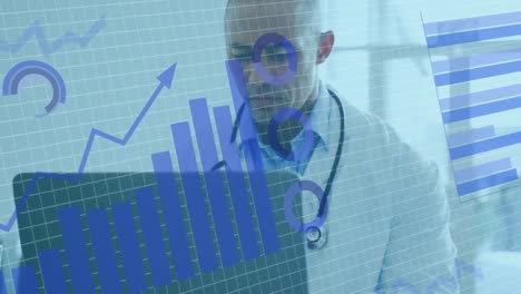 animation of statistical data processing against biracial male doctor using a laptop at hospital