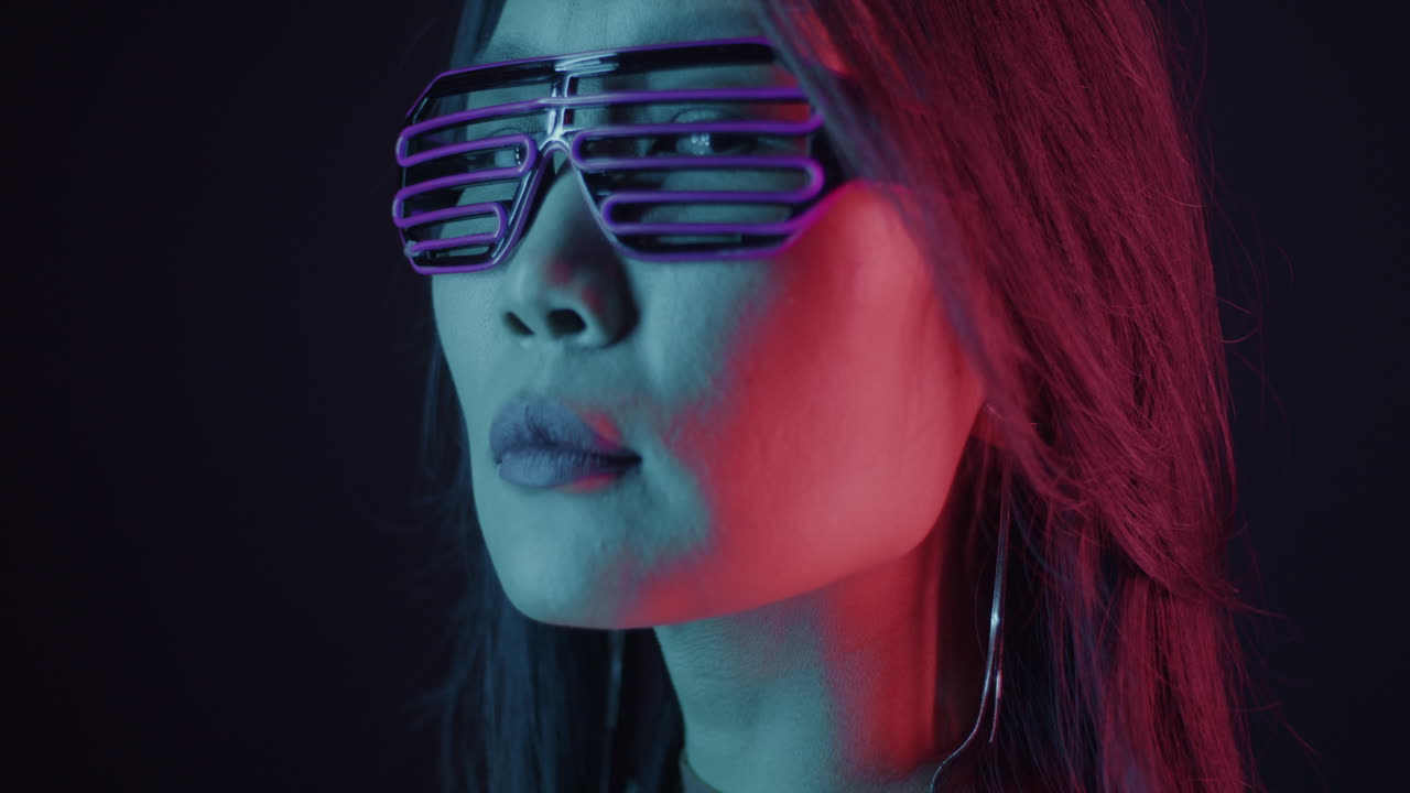 Neon Portrait of a Woman with Colorful Glasses