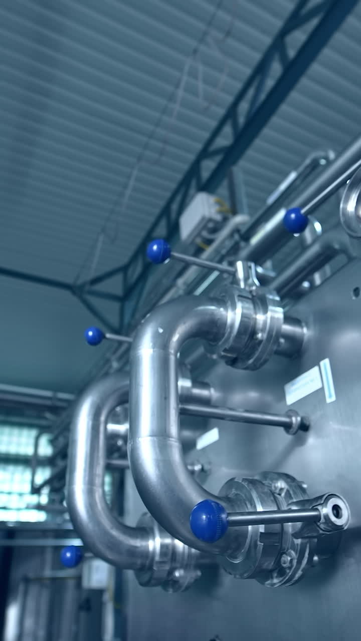 Dairy factory with milk pasteurization tank and pipes. Motion camera view Vertical video