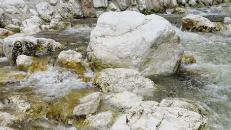 piedras y agua cristalina en el río sava bohinjka en eslovenia con movimiento panorámico