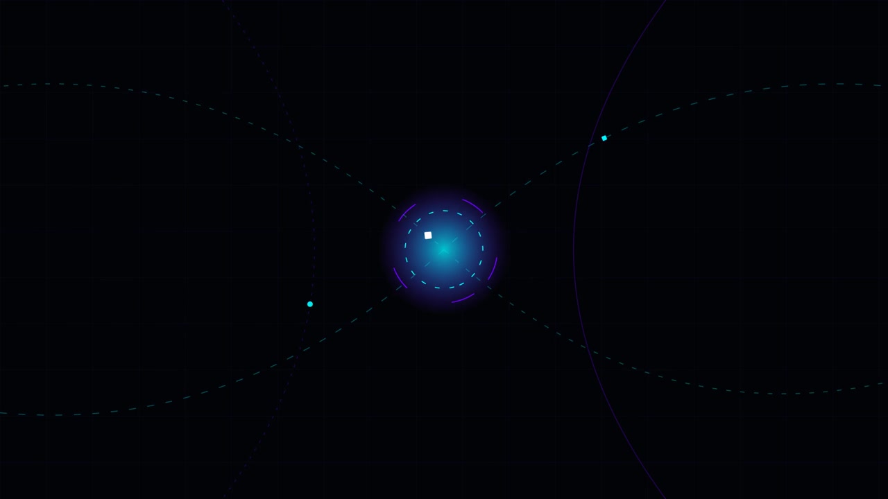 Abstract Digital Motion Graphic with Glowing Central Core and Orbiting Particles