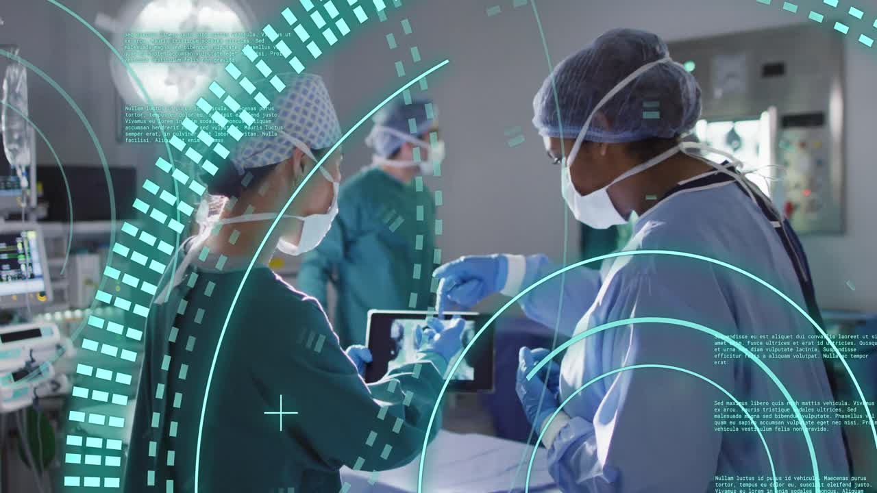 수술실에서 태블릿을 사용하는 다양한 여성 외과 의사에 대한 의료 데이터 처리의 애니메이션