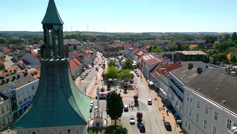 town hall and town square in mistelbach, austria - aerial drone shot