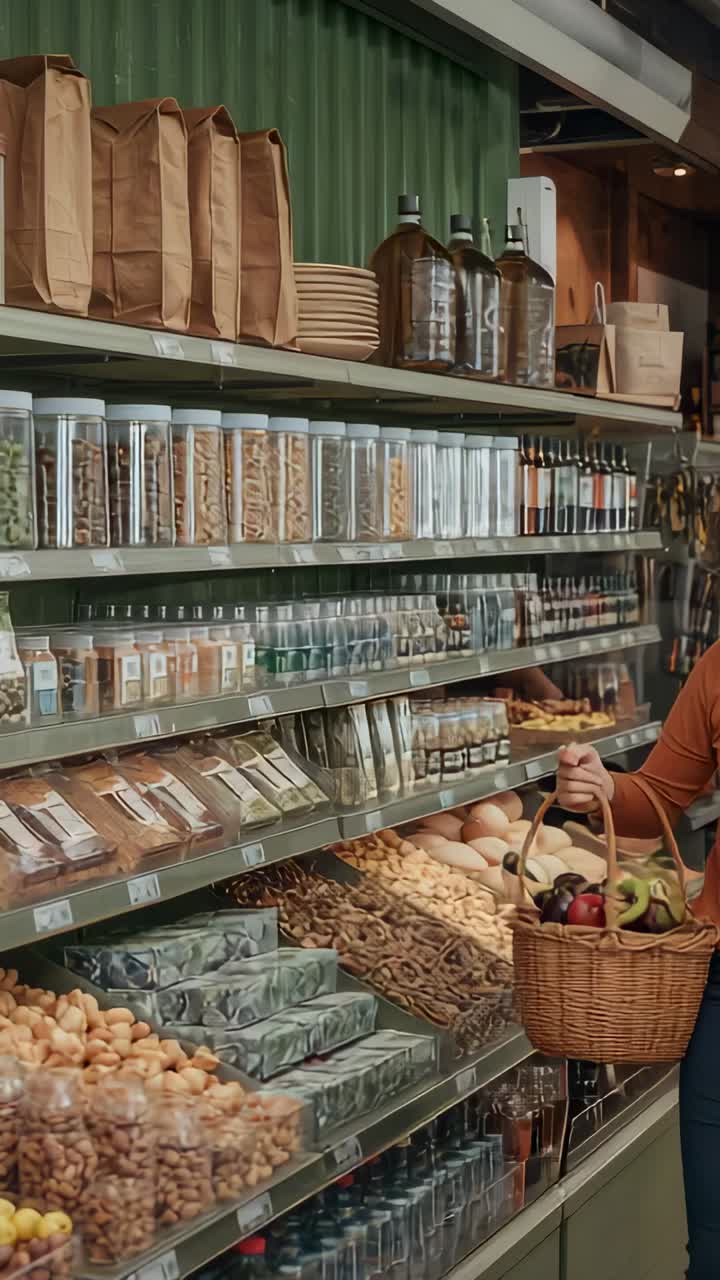 Vertical video: Entering store aisle, woman in orange top checking list with basket, copy space