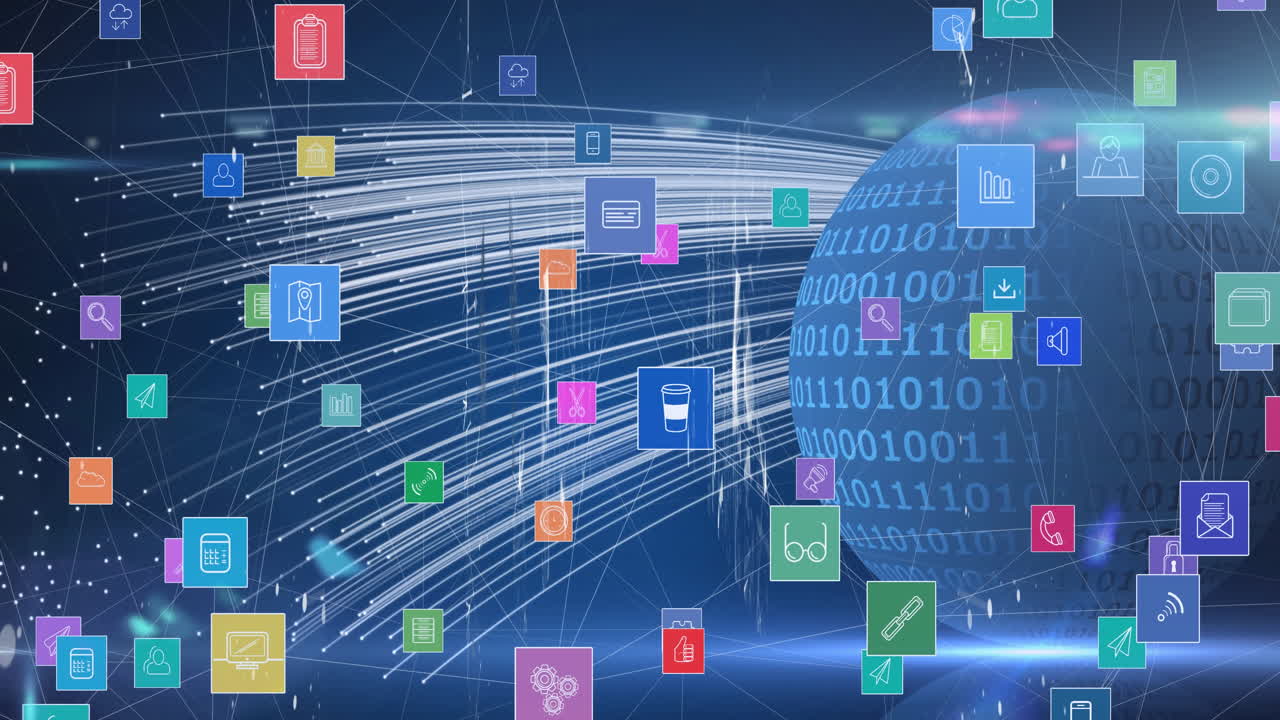 디지털 아이콘의 네트워크는 파란색 배경의 빛 흔적에 대한 지구상의 이진 코딩에 대항합니다.