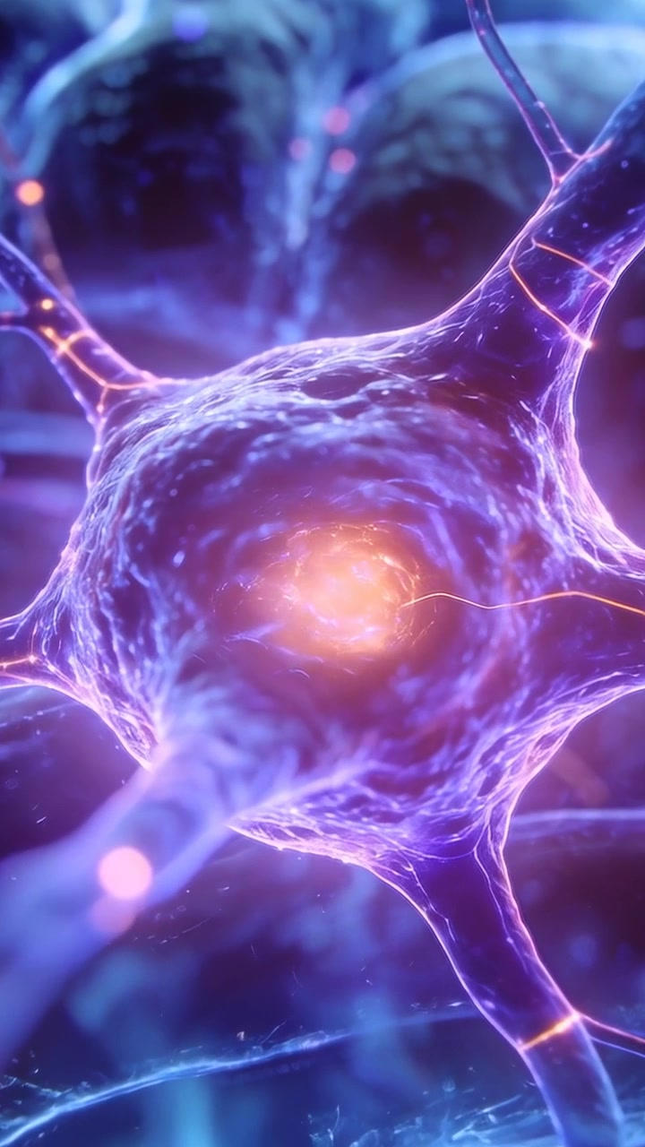 Vertical video: Camera pushing, neuron soma pulsing core to signal at microscope, particles moving