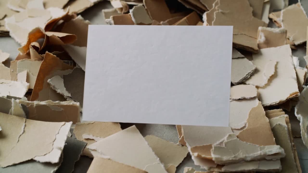 Offscreen release sending blank card descending into torn paper pile, showing packaging texture
