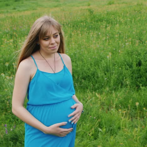 Mujer-Embarazada-Caminando-Por-Un-Prado