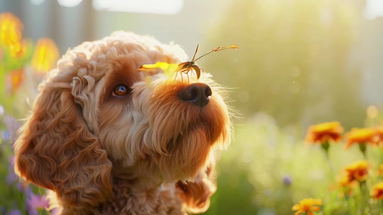 Adorabile cucciolo di Goldendoodle che annusa fiori e con una farfalla in un giardino