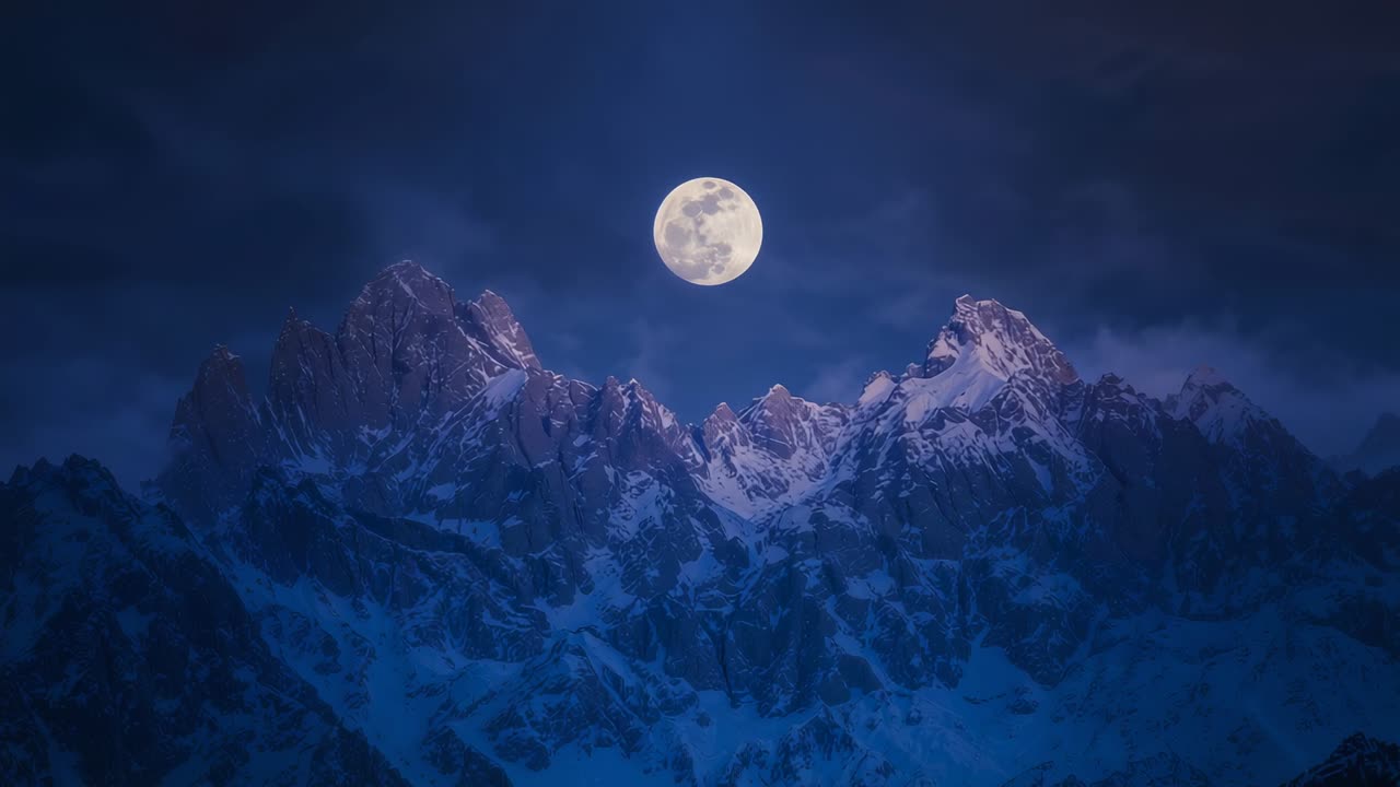 Opening camera focusing on full moon above snow-clad mountain peaks at night, with drifting clouds