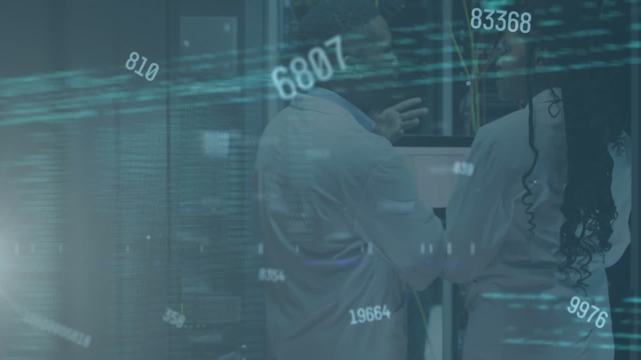 Animation of data processing over african american male and female engineers working at server room