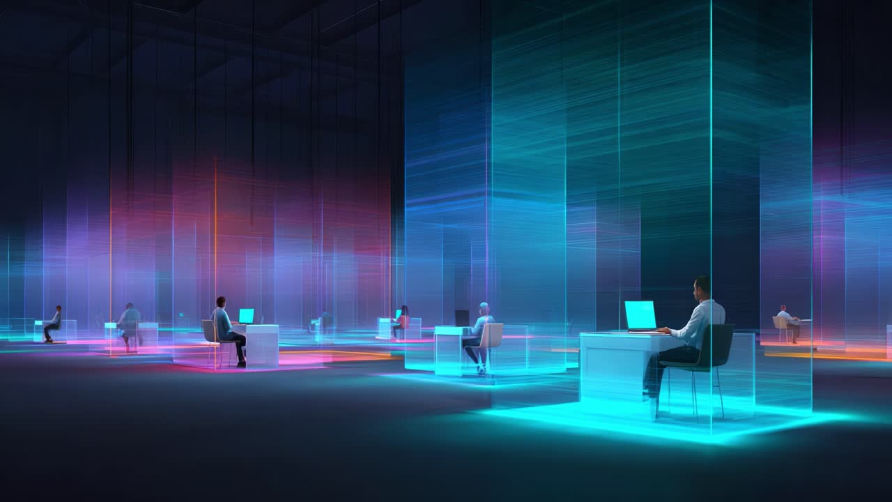 Futuristic Workspace: Engaging Individuals in Vibrant, Neon-Illuminated Offices that Showcase Digital Interaction and Modern Architecture in a Cutting-Edge Virtual Environment
