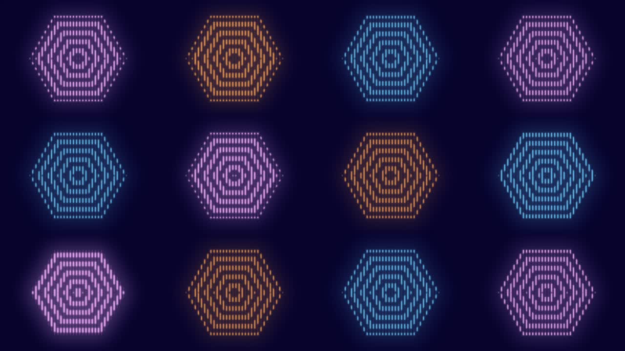 Neon hexagons pattern on black gradient