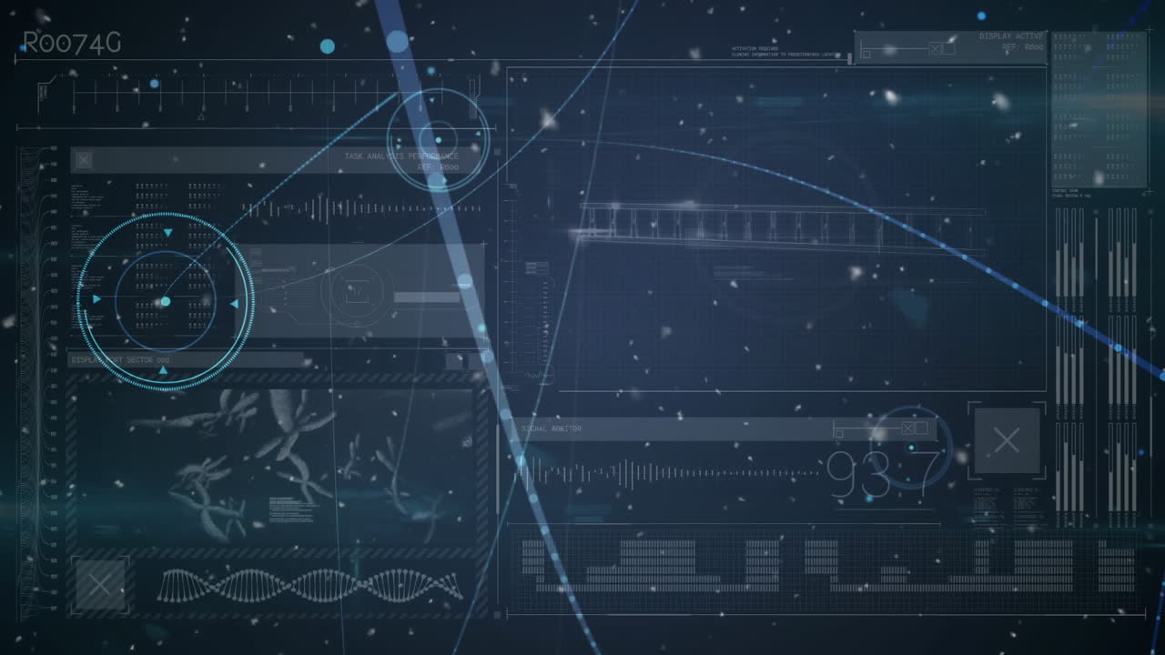 Animation of network of connections, with lights and data processing, on black