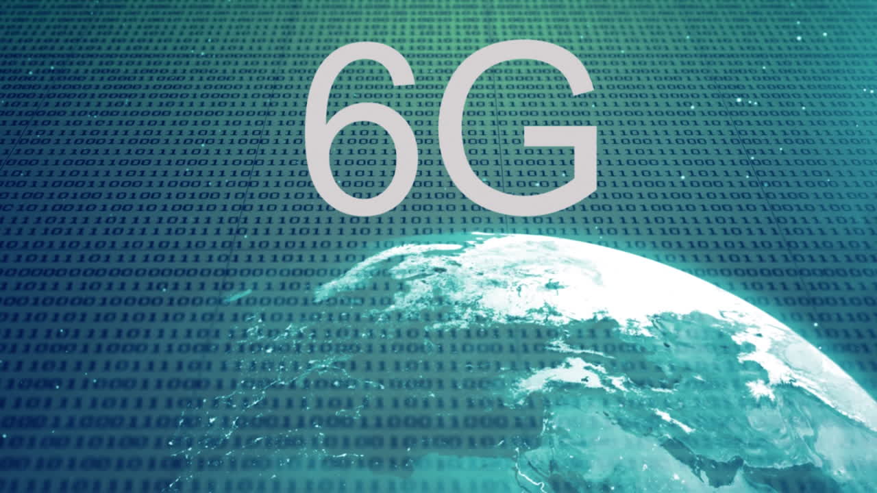 animación de texto de 6g sobre globo y codificación binaria en fondo verde