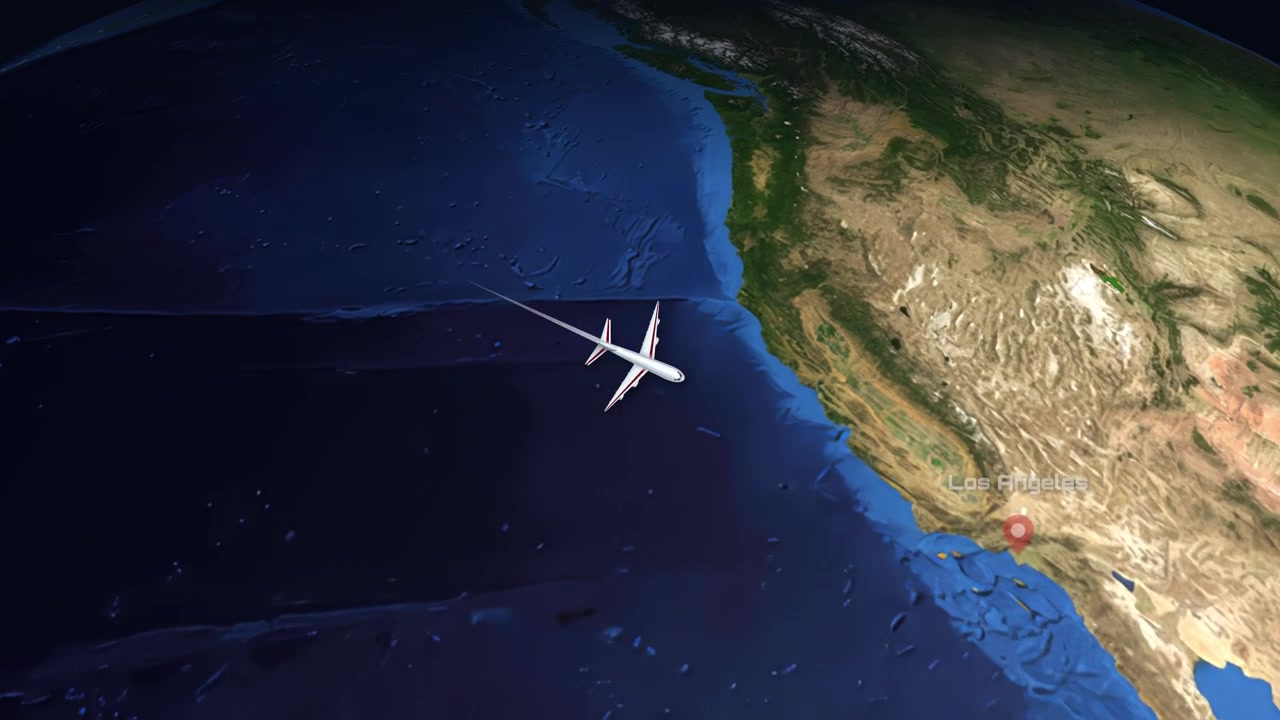 Et digitalt fly flyver over Stillehavet fra Tokyo til Los Angeles på Jorden.