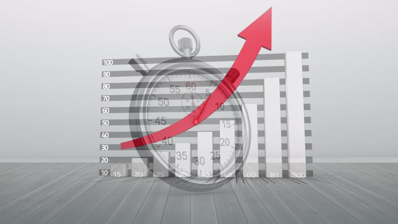 animación de estadísticas con flecha roja y cronómetro